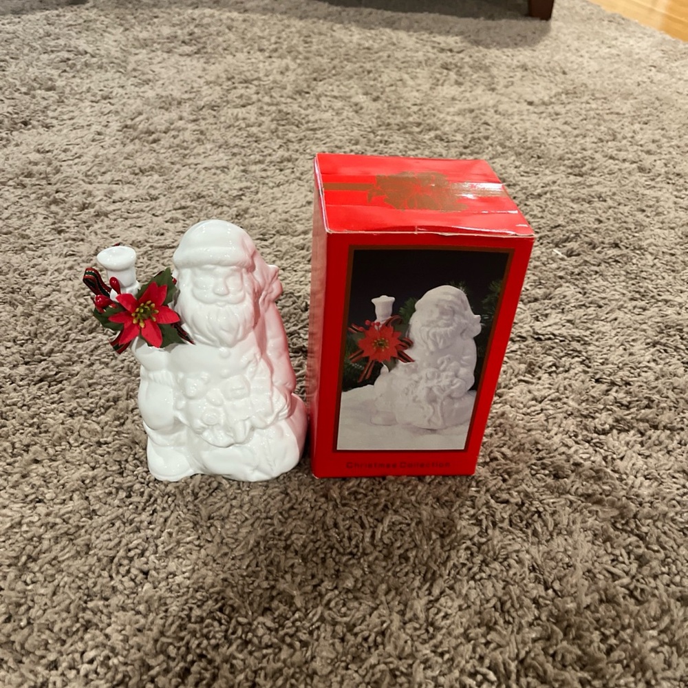 White Santa Candle Holder with Red Accents
